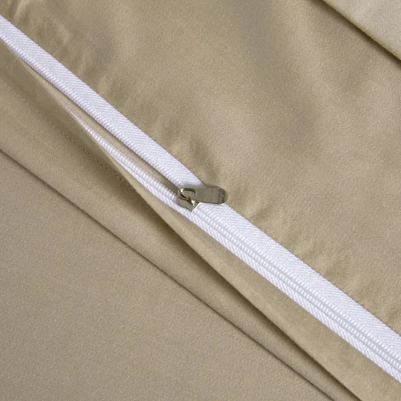 Beige satin duvet cover with white zipper and metallic pull tab in decorbites butterfly jacquard lyocell cotton bedding set