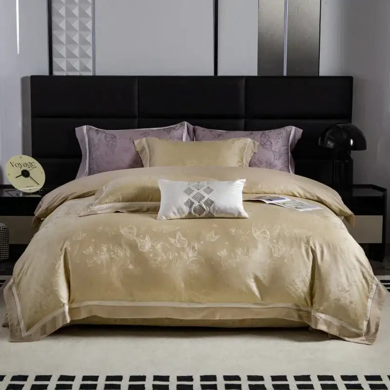 Beige and gold butterfly lyocell cotton bedding set with beige satin duvet cover set and subtle floral embroidery decorbites butterfly jacquard
