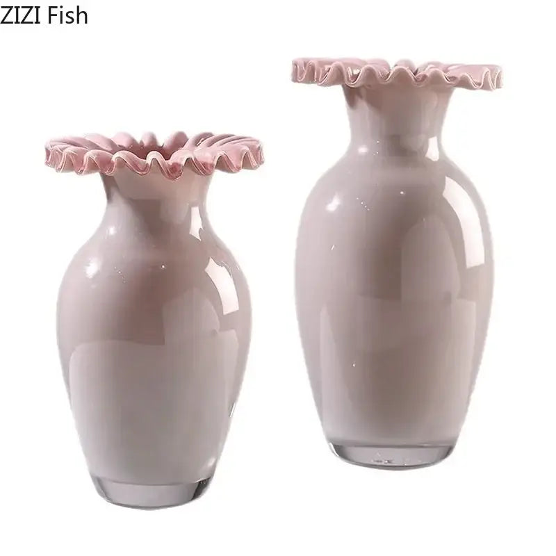 Two elegant blush pink glass vases with flower edge ruffled rims and glossy finish for living room decor