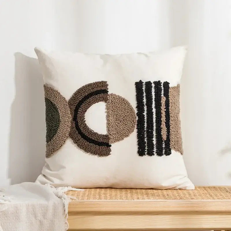 Cream-colored cushion cover with decorbites geometric embroidery tassel in beige olive green and black for living room decor