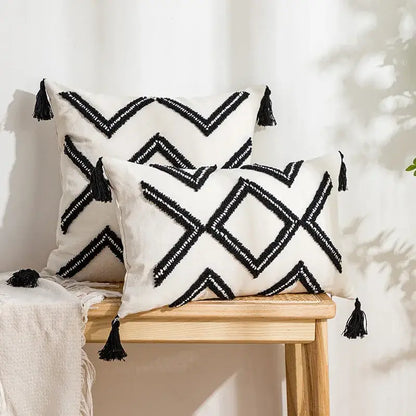 White rectangular cushion cover with decorbites geometric embroidery tassel design for living room decor