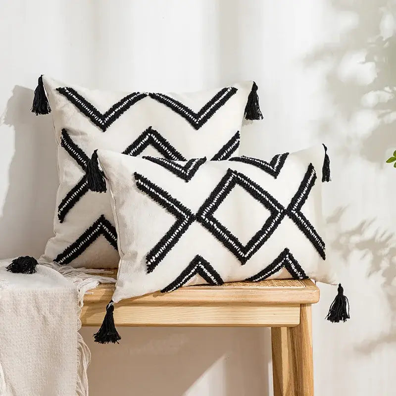 White rectangular cushion cover with decorbites geometric embroidery tassel design for living room decor
