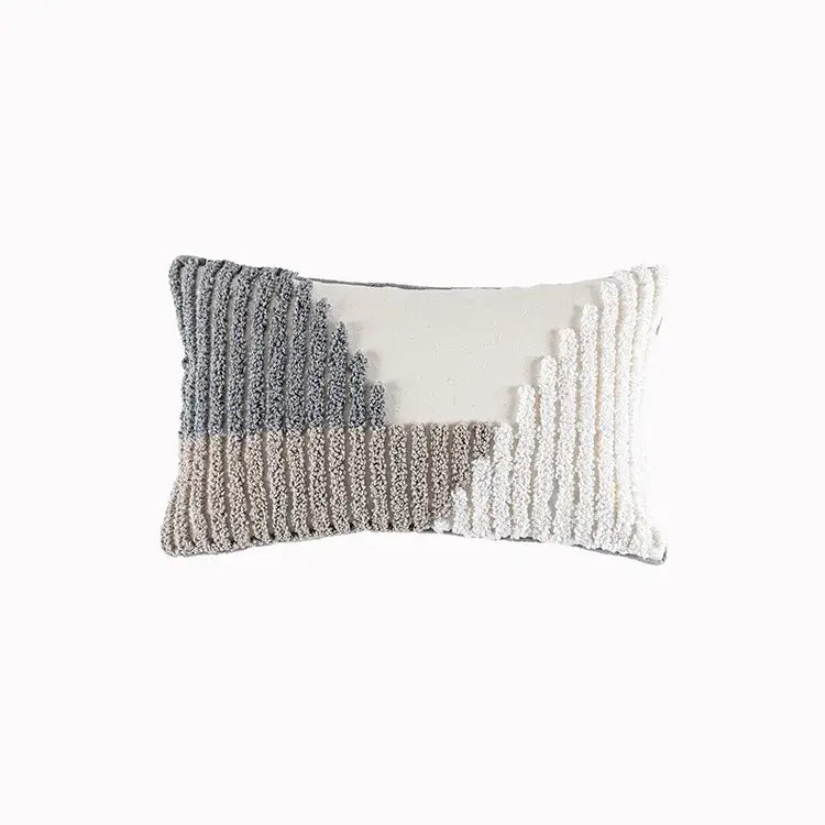 Rectangular cushion cover with decorbites geometric embroidery tassel in beige white and textured gray vertical stripes