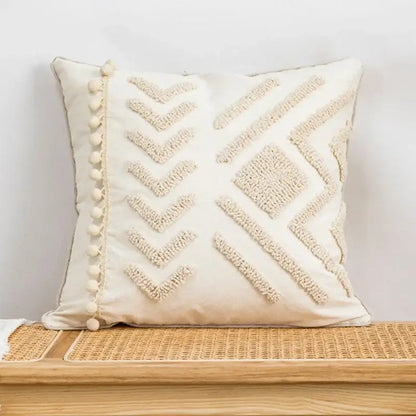 Beige and white cushion cover with decorbites geometric embroidery and vertical pom-poms for living room decorbites geometric embroidery tassel style