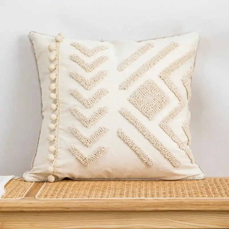 Beige and white cushion cover with decorbites geometric embroidery and vertical pom-poms for living room decorbites geometric embroidery tassel style