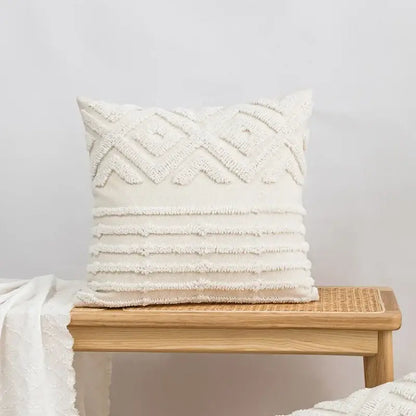 Cream-colored cushion cover with beige and white geometric embroidery tassel decorbites design for living room decor