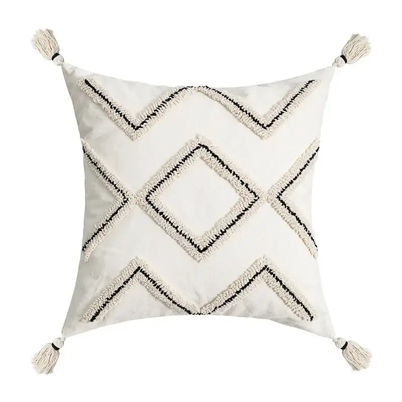 Cream-colored cushion cover with black and cream decorbites geometric embroidery tassel for living room decor