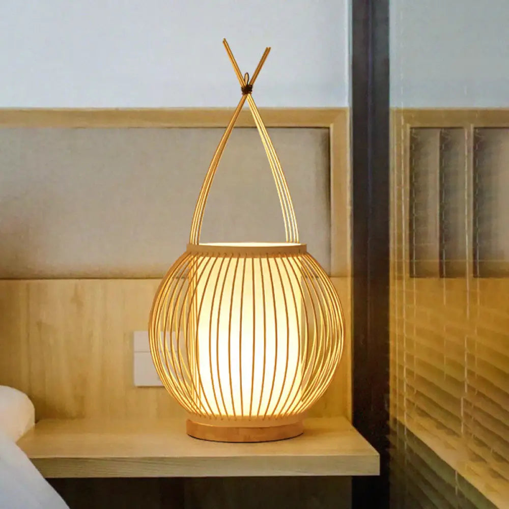Beige Asian Style Bamboo Lantern Desk Light with Parchment Shade - Single Bulb Night Table Lamp