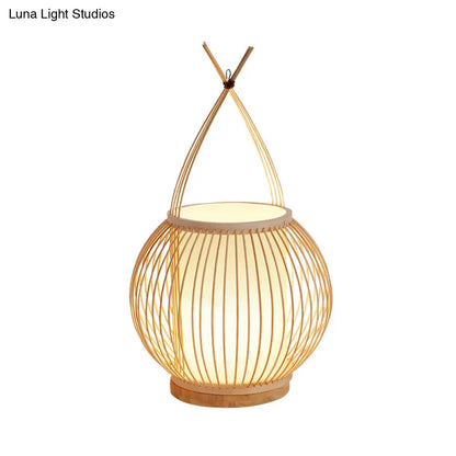 Beige Asian Style Bamboo Lantern Desk Light with Parchment Shade - Single Bulb Night Table Lamp
