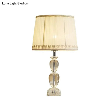 Beige Barrel Table Light: Traditional Pleated Fabric Lamp with Crystal and 1-Bulb for Drawing Room or Nightstand