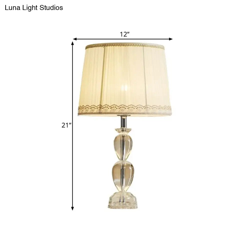 Beige Barrel Table Light: Traditional Pleated Fabric Lamp with Crystal and 1-Bulb for Drawing Room or Nightstand
