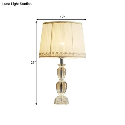 Beige Barrel Table Light: Traditional Pleated Fabric Lamp with Crystal and 1-Bulb for Drawing Room or Nightstand