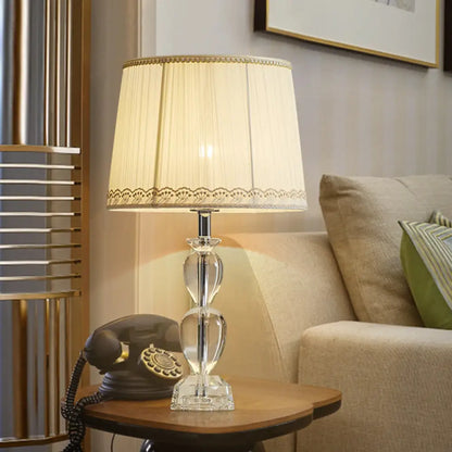 Beige Barrel Table Light: Traditional Pleated Fabric Lamp with Crystal and 1-Bulb for Drawing Room or Nightstand