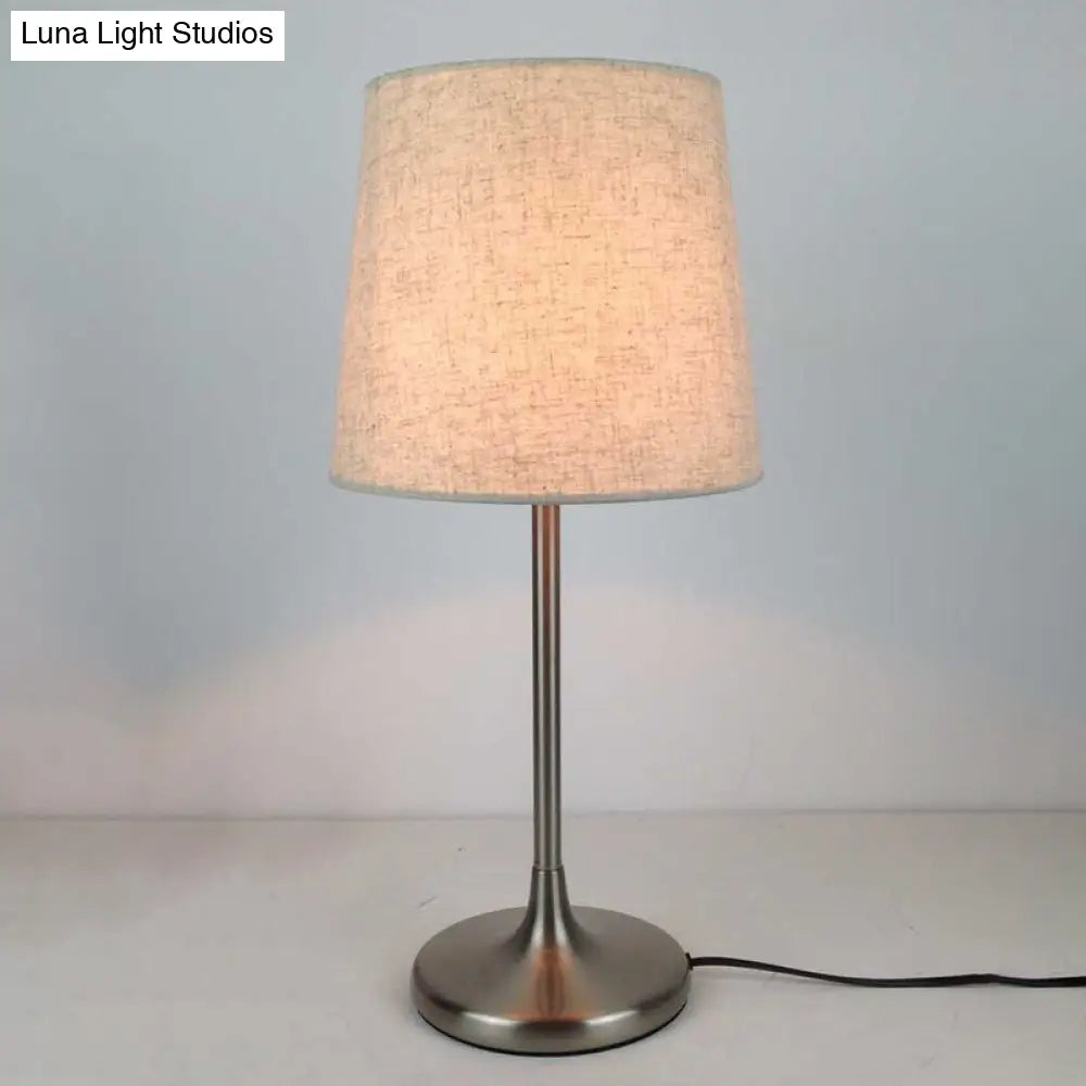 Beige Bedroom Table Lamp with Tapered Fabric Shade - Single Bulb Nightstand Light
