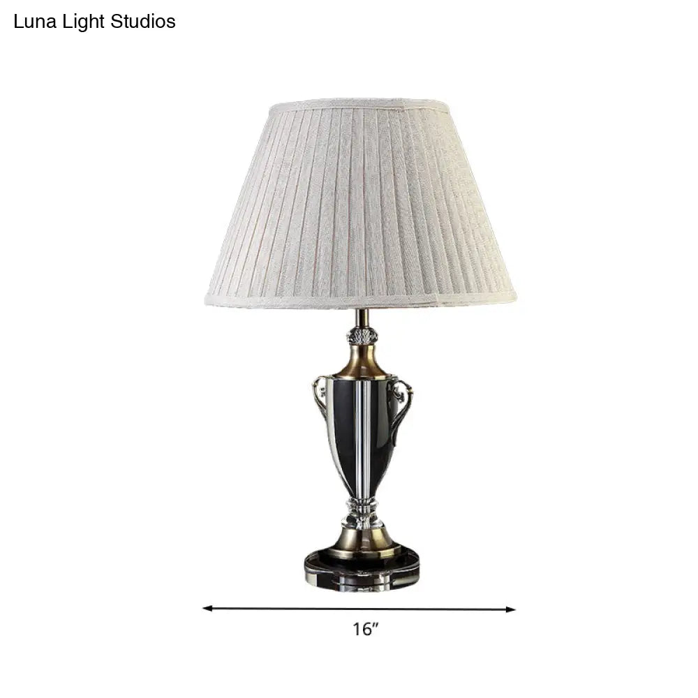 Beige Bell Night Lamp with Clear Crystal Base - Traditional Fabric Bedside Light