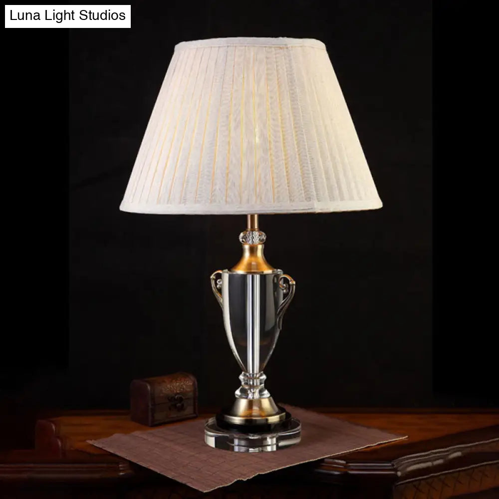 Beige Bell Night Lamp with Clear Crystal Base - Traditional Fabric Bedside Light