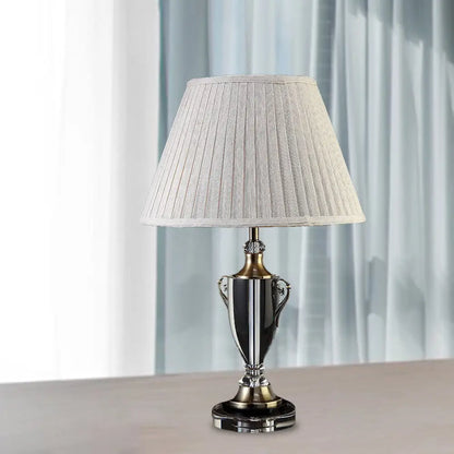 Beige Bell Night Lamp with Clear Crystal Base - Traditional Fabric Bedside Light