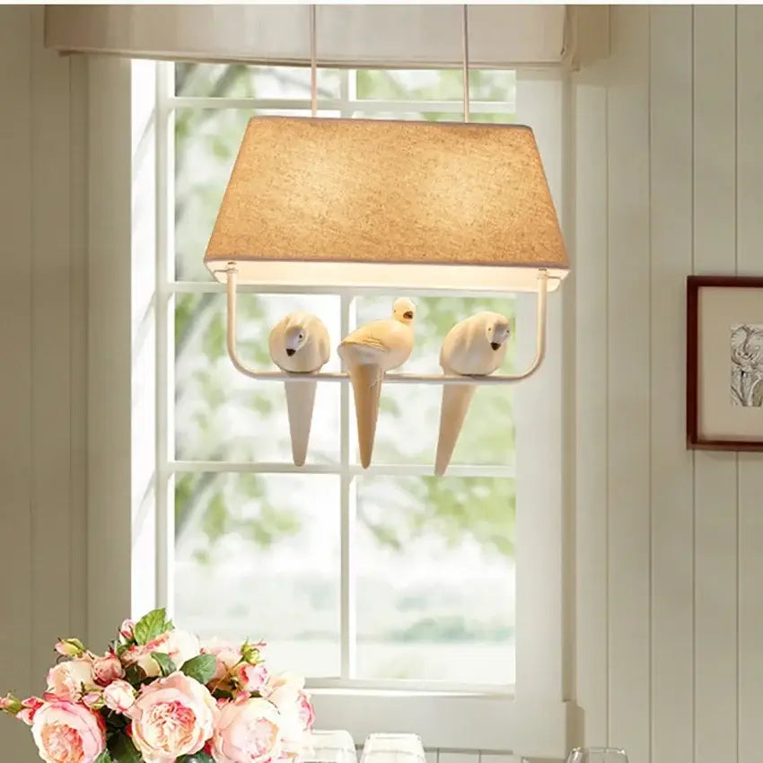 Beige bird cloth chandelier dining room pendant light with three white bird figurines on metal frame decorbites bird cloth