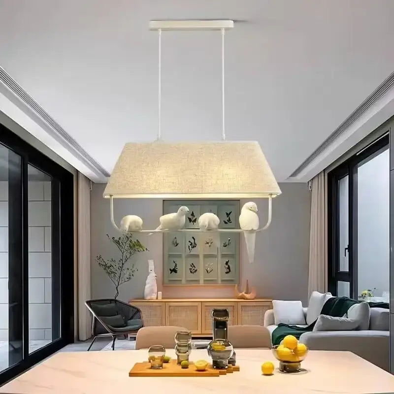 Beige bird cloth chandelier with white ceramic birds on linen pendant frame for dining room decorbites bird cloth ceiling