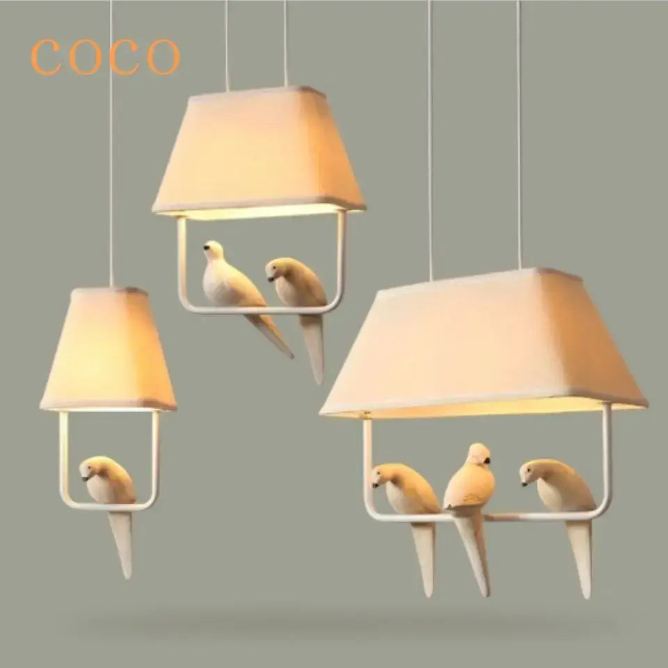 Beige bird cloth chandelier with cream lampshades and white bird figurines for modern cloth chandelier ceiling decorbites design