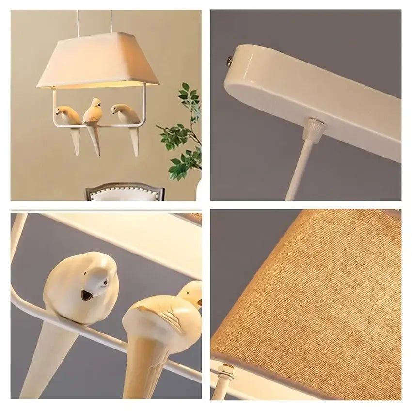 White ceramic bird pendant lamp with beige fabric shade and minimalist metal frame for bird cloth chandelier decorbites