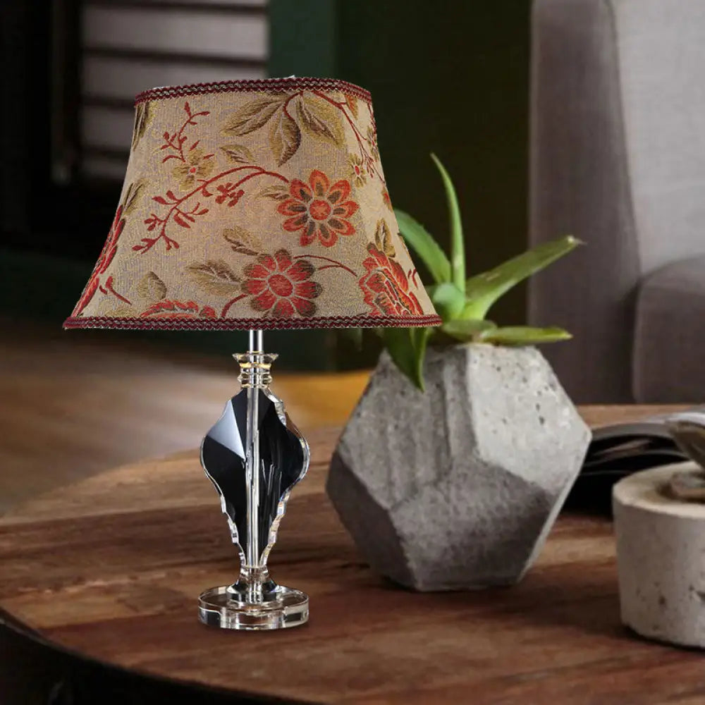 Beige Blossom Fabric Night Light Table Lamp - Rural Style with Crystal Base