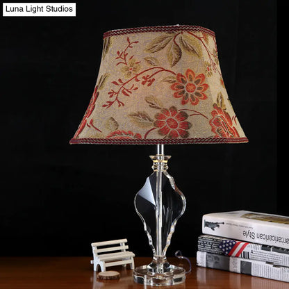 Beige Blossom Fabric Night Light Table Lamp - Rural Style with Crystal Base