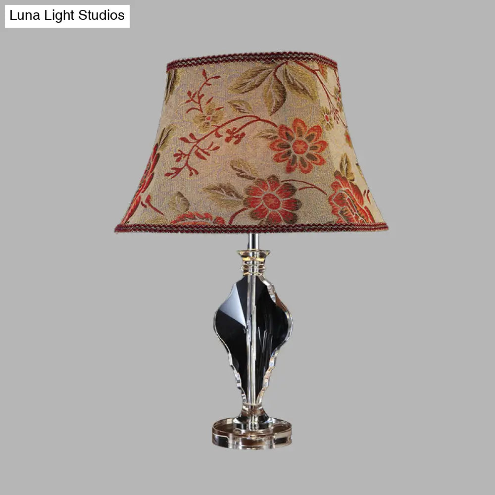 Beige Blossom Fabric Night Light Table Lamp - Rural Style with Crystal Base