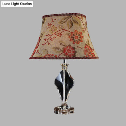 Beige Blossom Fabric Night Light Table Lamp - Rural Style with Crystal Base