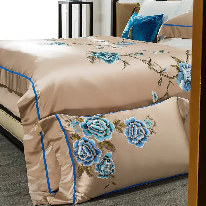 Beige satin bedding set with blue floral embroidered egyptian cotton and matching pillowcases for bedroom luxury