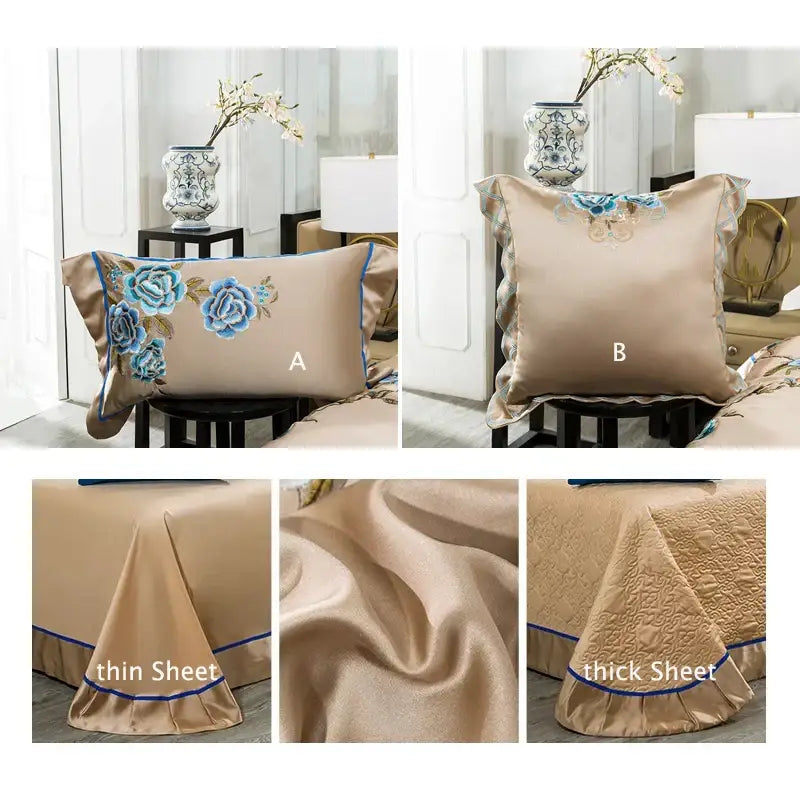 Beige satin pillowcases with blue floral embroidery and ruffled edges from embroidered egyptian cotton bedding set