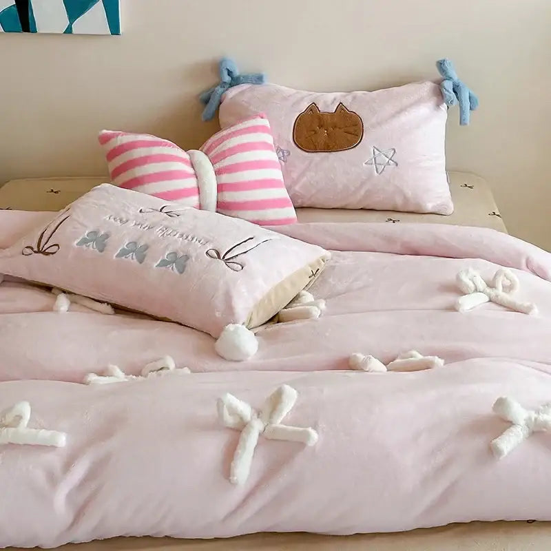 Pink plush comforter with white pom-pom bows featured in beige and blue embroidered velvet duvet bedding set bedroom decor