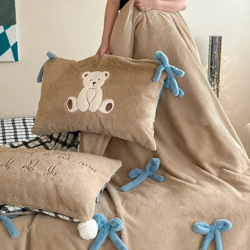 Beige plush pillow with embroidered white teddy bear and blue tassels in embroidered velvet duvet bedding set decor