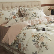Beige and blush butterfly blooming flowers bedding set on soft satin cotton fabric for elegant bedroom decorbites decor