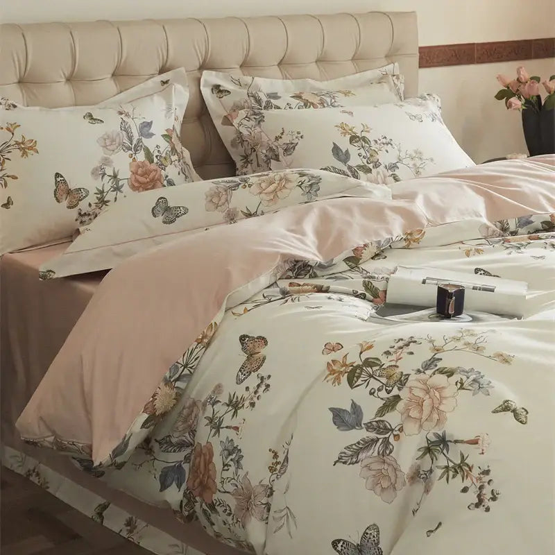 Beige and blush butterfly blooming flowers bedding set on soft satin cotton fabric for elegant bedroom decorbites decor