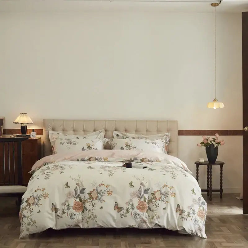 Beige and blush cotton bedding set with soft cream duvet cover featuring decorbites butterfly blooming flowers pattern