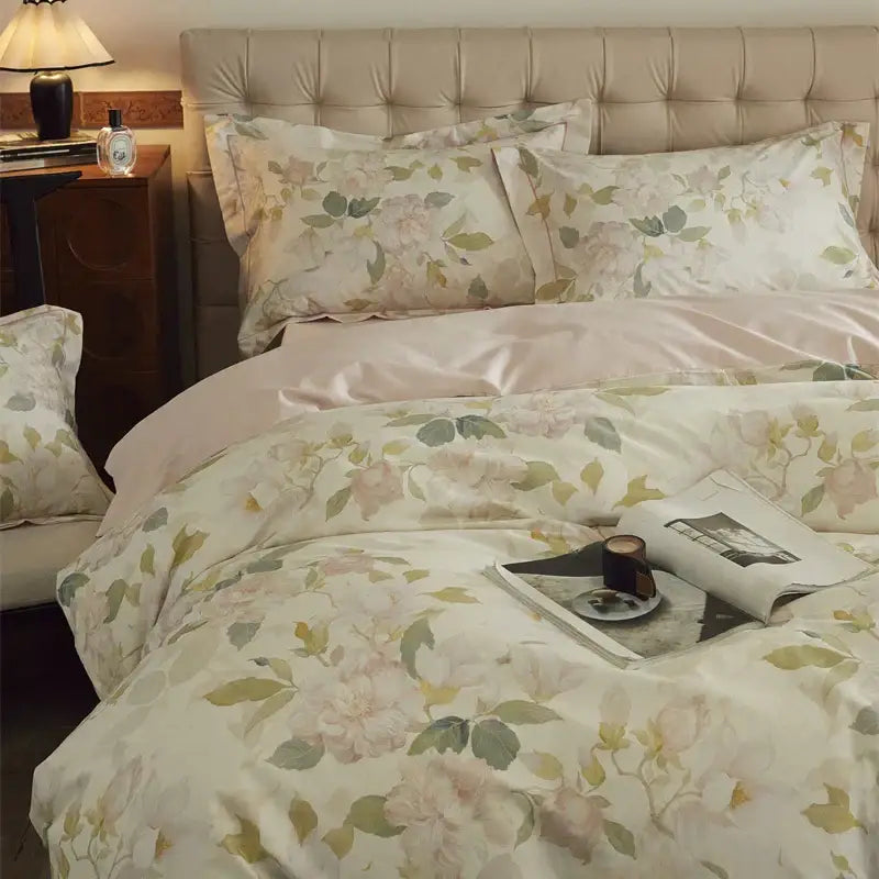 Beige and blush decorbites butterfly blooming bedding set with a soft cotton duvet cover featuring butterfly blooming flowers