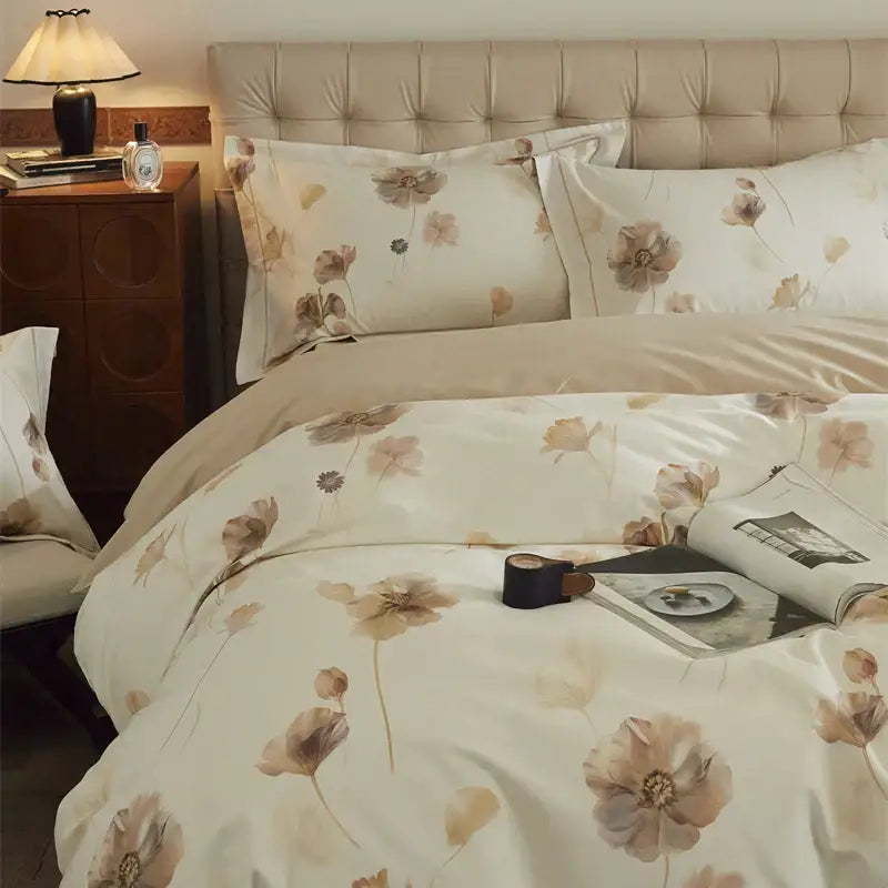 Beige and blush butterfly blooming flowers satin bedding set with floral pattern in soft peach and brown tones cotton