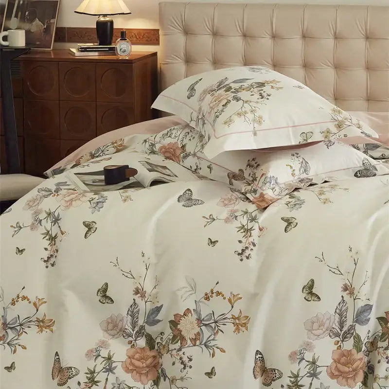 Beige and blush butterfly blooming flowers bedding set in cream satin cotton featuring elegant floral decorbites butterfly blooming pattern