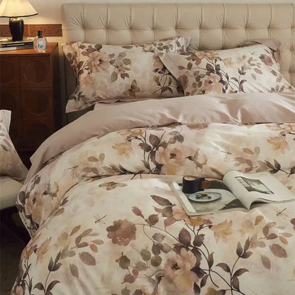Beige and blush cotton bedding set with decorbites butterfly blooming flowers in soft satin fabric and muted tones