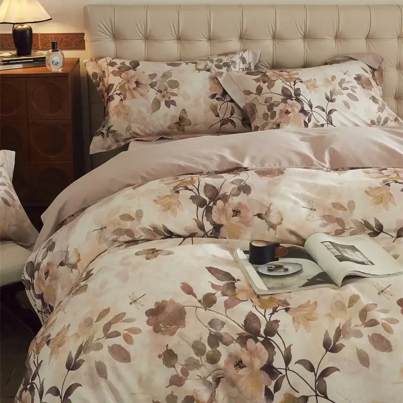 Beige and blush cotton bedding set with decorbites butterfly blooming flowers in soft satin fabric and muted tones