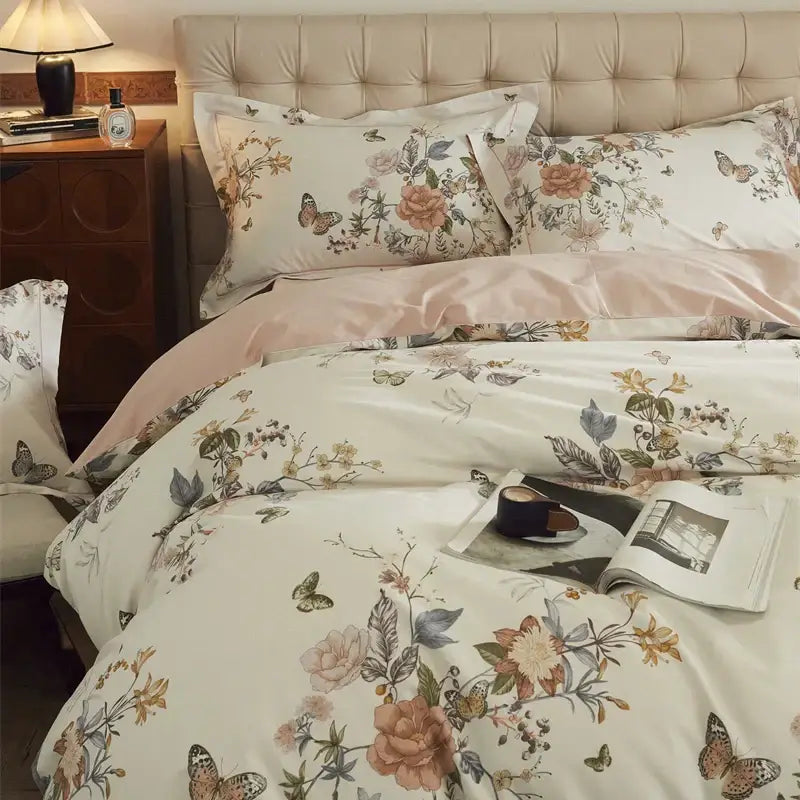 Beige and blush butterfly blooming flowers satin bedding set with floral pattern and soft pastel cotton decorbites butterfly blooming design