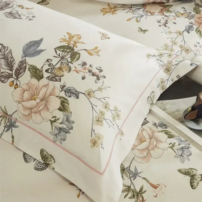 Ivory cotton pillowcase from beige and blush butterfly blooming flowers bedding set with pastel decorbites butterfly blooming motif