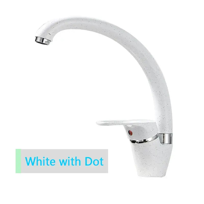 Beige brass kitchen faucet with white speckled finish chrome accents and a sleek curved 360 swivel spout mixer handle