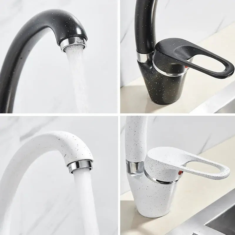 Beige brass kitchen faucet with black and white speckled design and chrome accents featuring a 360 swivel spout