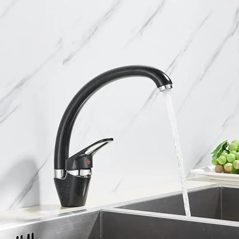 Black speckled kitchen faucet with beige brass finish and 360 swivel spout single handle mixer with chrome accents