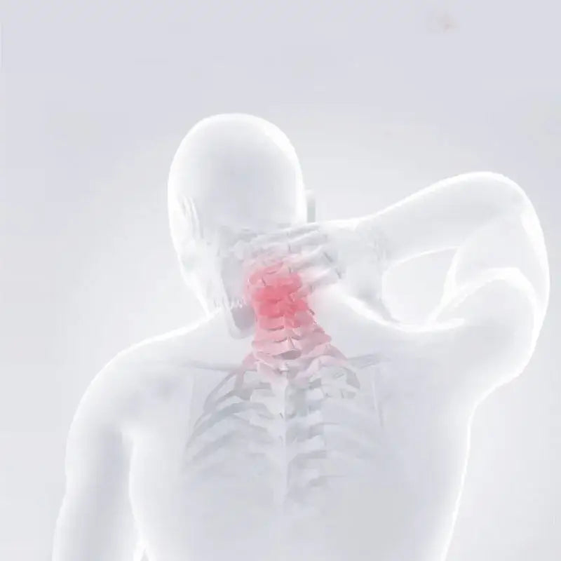A translucent white skeleton with a glowing red cervical spine illustrating decorbites cooling neck pillow support