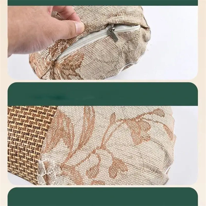 Beige and brown woven fabric neck pillow with zipper closure for decorbites cooling neck pillow bedroom support