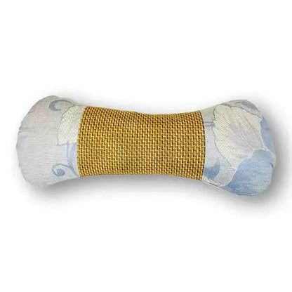 A beige and brown floral woven cooling neck pillow with a plush bone-shaped toy featuring a gold band