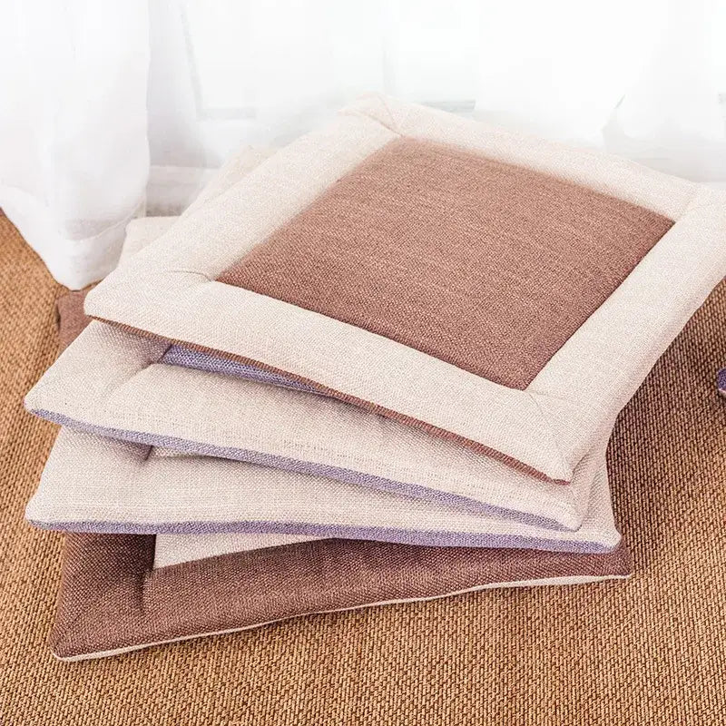 Stacked beige and brown decorbites linen seat cushions feature a non-slip design with soft linen fabric for dining room chairs